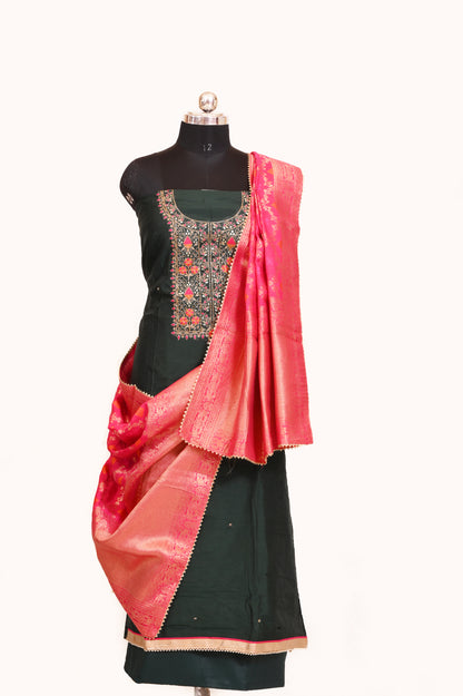 Premium Dark Green Glace Cotton Salwar Fabric with Cut Dana Work