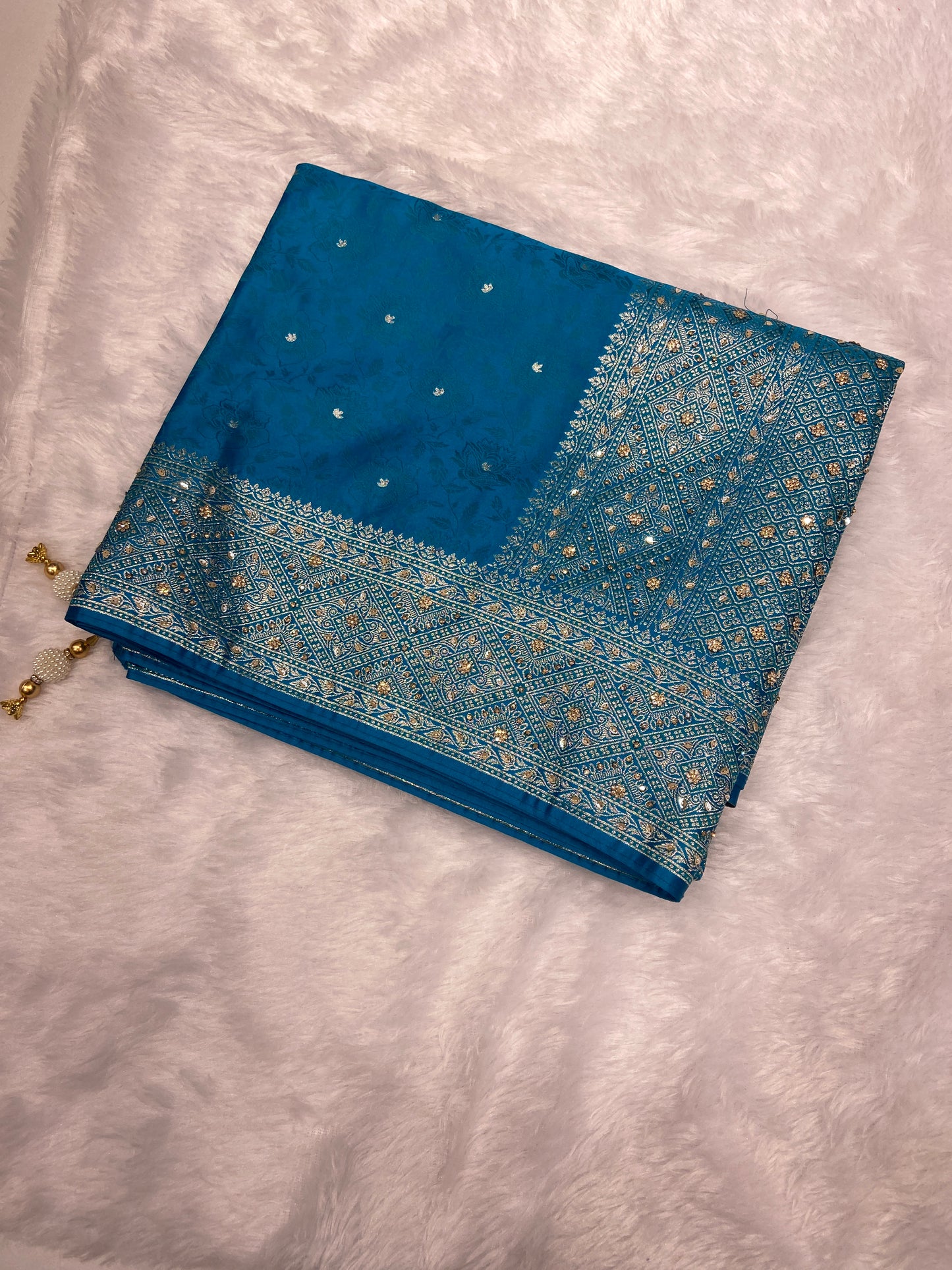 Firozi (Sky Blue) Soft Silk Saree – Intricate Stone & Zari Work