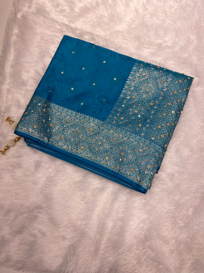Firozi (Sky Blue) Soft Silk Saree – Intricate Stone & Zari Work