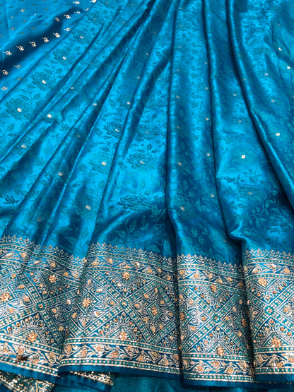 Firozi (Sky Blue) Soft Silk Saree – Intricate Stone & Zari Work