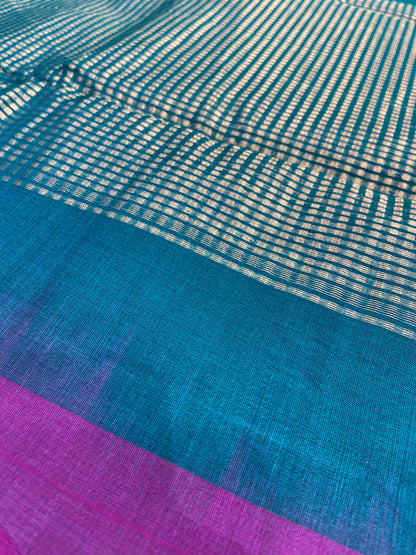 Purple Pure Cotton Chanderi Saree with Green Blouse – Handwoven Elegance