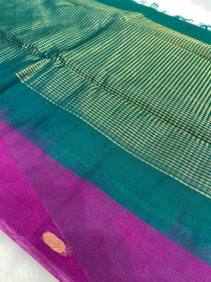 Purple Pure Cotton Chanderi Saree with Green Blouse – Handwoven Elegance