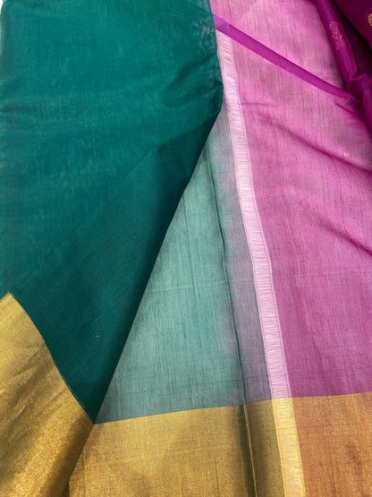 Purple Pure Cotton Chanderi Saree with Green Blouse – Handwoven Elegance