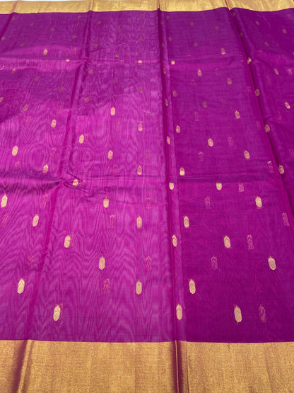 Purple Pure Cotton Chanderi Saree with Green Blouse – Handwoven Elegance