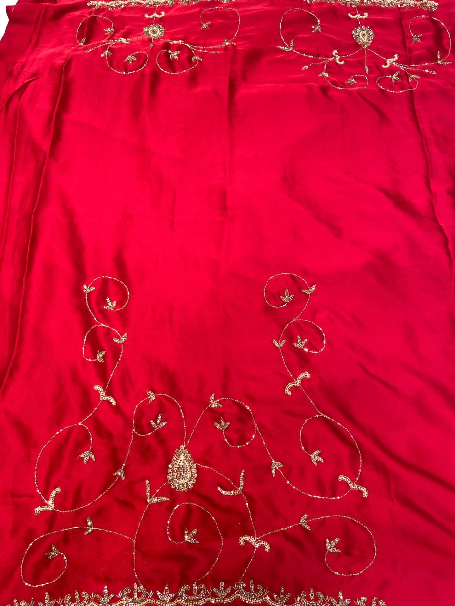 Blood Red Satin Crepe Saree with Piping Stone Work | Bridal & Party Wear Saree