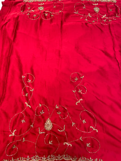 Blood Red Satin Crepe Saree with Piping Stone Work | Bridal & Party Wear Saree