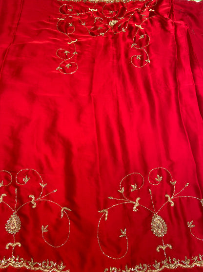 Blood Red Satin Crepe Saree with Piping Stone Work | Bridal & Party Wear Saree