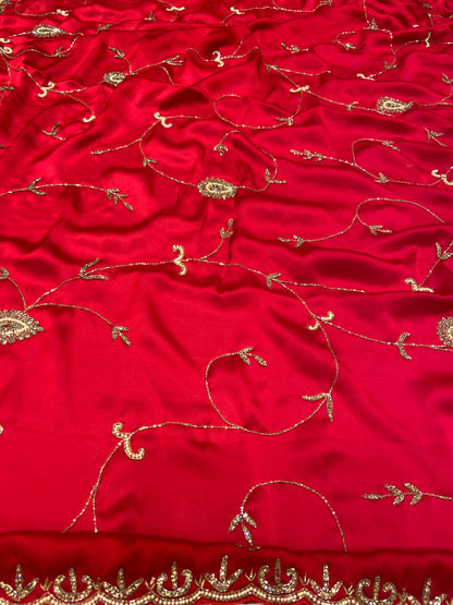 Blood Red Satin Crepe Saree with Piping Stone Work | Bridal & Party Wear Saree