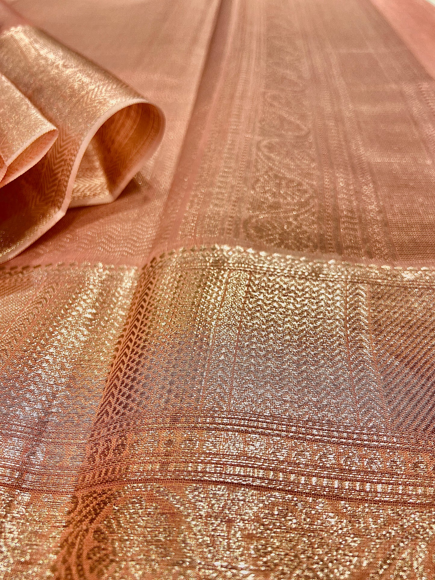 Peach Handloom Chanderi Cotton Saree with Silver Zari Work – Pure Cotton, Festive & Elegant