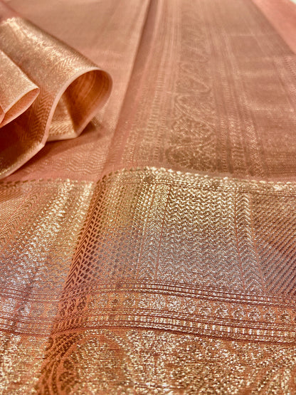 Peach Handloom Chanderi Cotton Saree with Silver Zari Work – Pure Cotton, Festive & Elegant