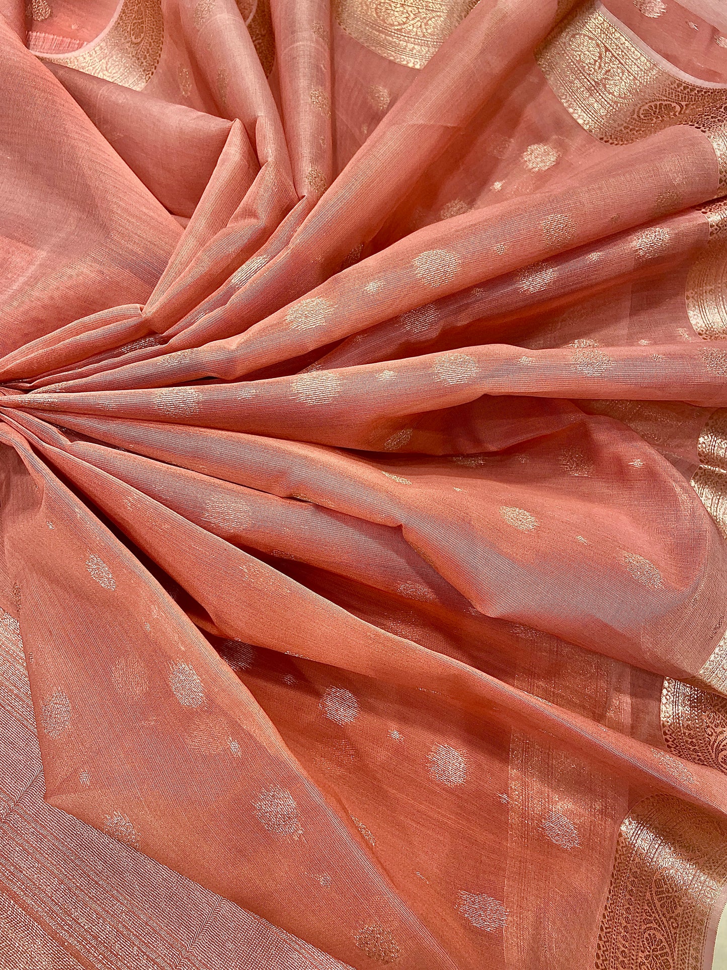 Peach Handloom Chanderi Cotton Saree with Silver Zari Work – Pure Cotton, Festive & Elegant