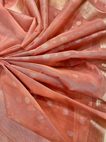 Peach Handloom Chanderi Cotton Saree with Silver Zari Work – Pure Cotton, Festive & Elegant
