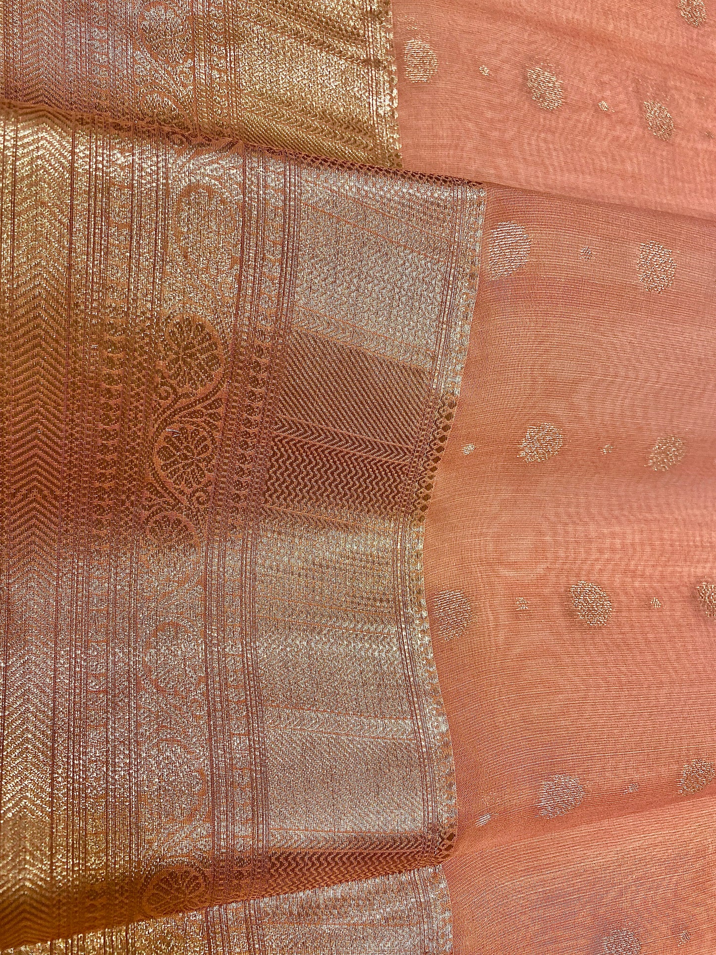 Peach Handloom Chanderi Cotton Saree with Silver Zari Work – Pure Cotton, Festive & Elegant