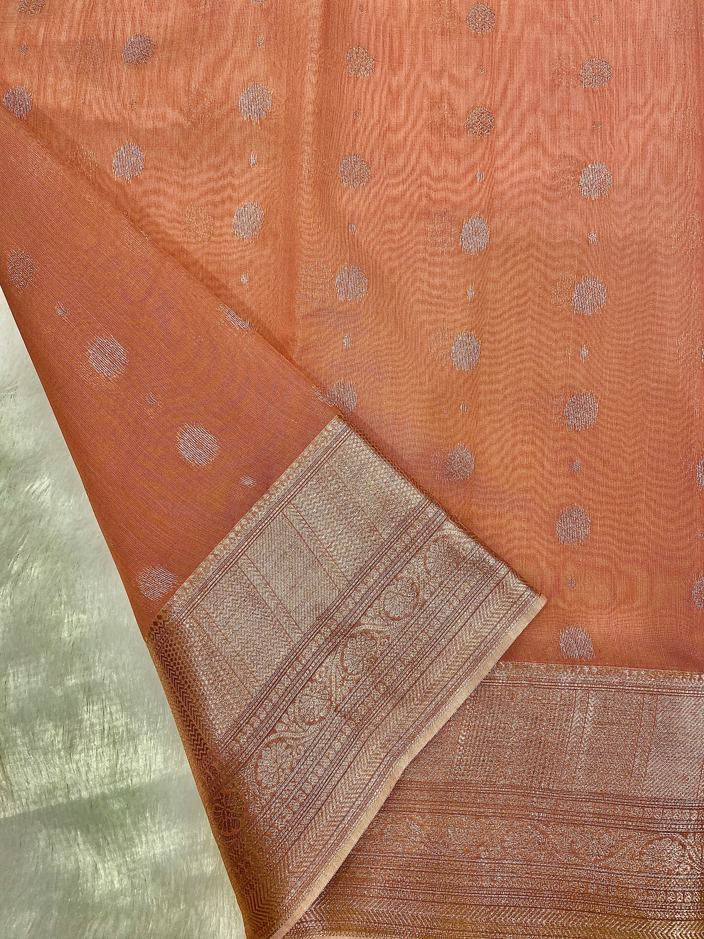 Peach Handloom Chanderi Cotton Saree with Silver Zari Work – Pure Cotton, Festive & Elegant