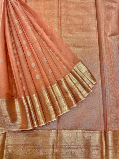 Peach Handloom Chanderi Cotton Saree with Silver Zari Work – Pure Cotton, Festive & Elegant