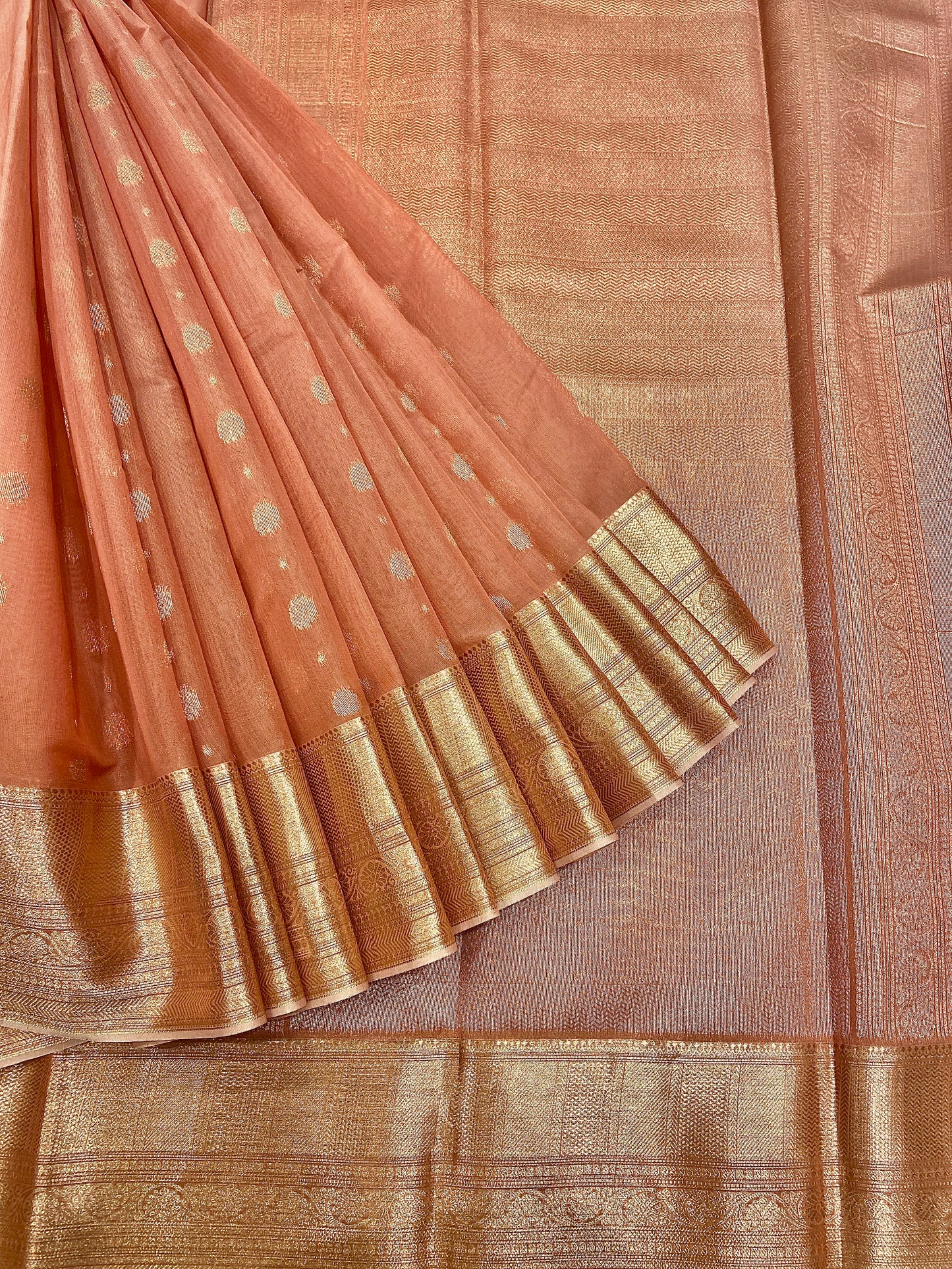 Peach Handloom Chanderi Cotton Saree with Silver Zari Work – Pure Cotton, Festive & Elegant