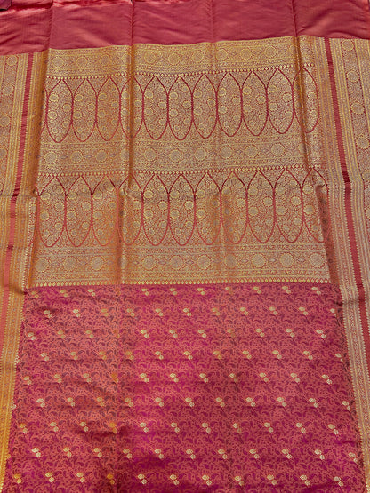Baby Pink Pure Silk Saree with Purple Thread Work & Banarasi Zari Pallu