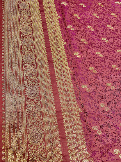 Baby Pink Pure Silk Saree with Purple Thread Work & Banarasi Zari Pallu